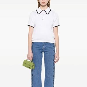 Maje White Short Sleeve Knit Blouse With Black Crochet Detail Size 2